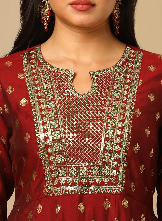 globus Women Maroon Gold Foil Print Anarkali Kurta and Elasticated Pants Set - Image 3